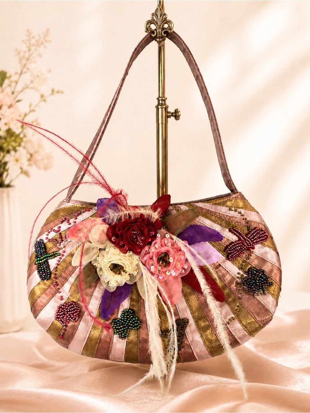 Preston & York Embellished Satin Evening Bag Pink Gold Beaded Floral Purse Y2K